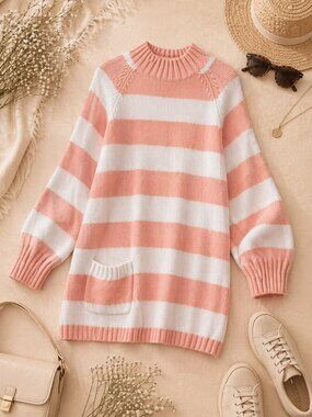 Vintage FAVORITES Peach Stripe Sweater Tunic Oversized Cozy Knit M